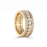 Round cut moissanite three row full eternity wedding band in yellow gold