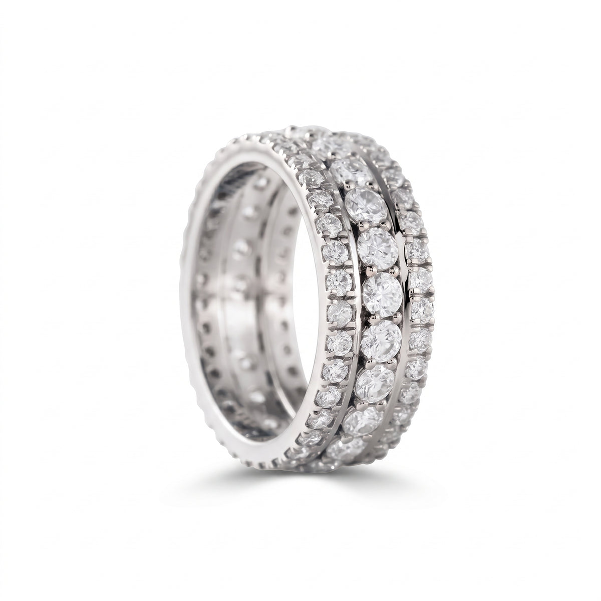 Round cut moissanite three row full eternity wedding band in yellow gold