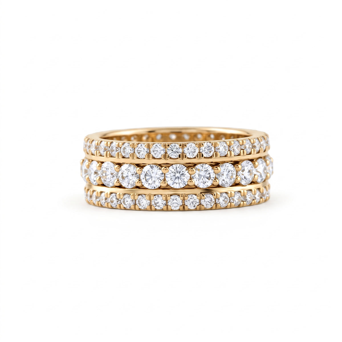Round cut moissanite three row full eternity wedding band in yellow gold