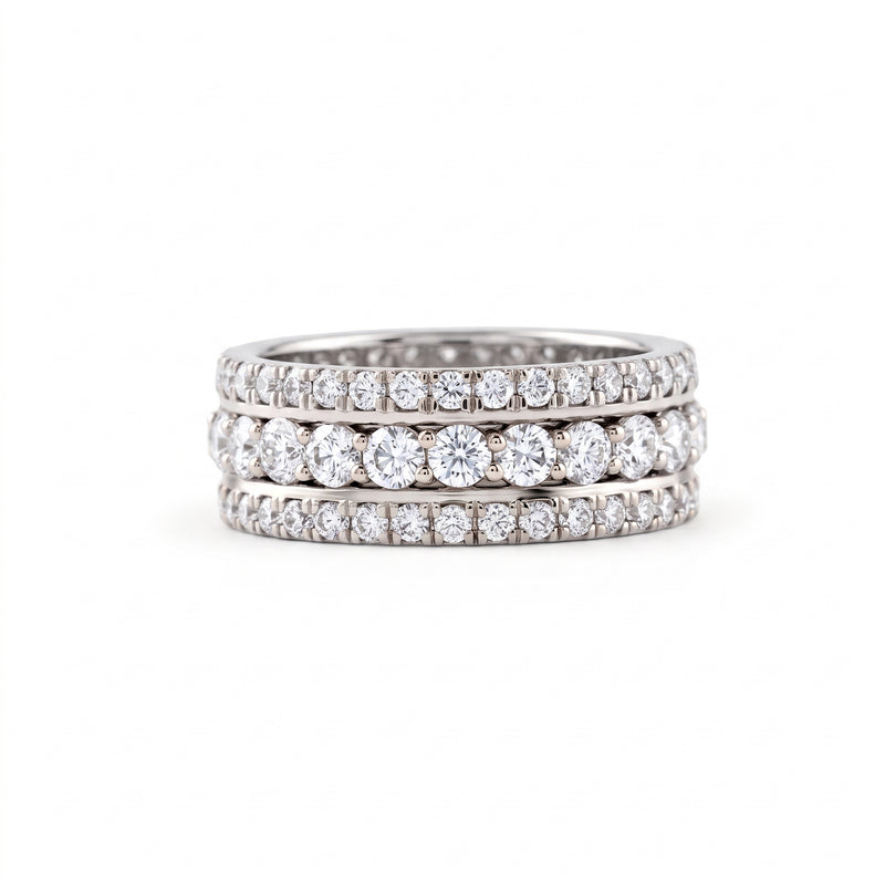Round Cut Moissanite Three Row Eternity Wedding Band