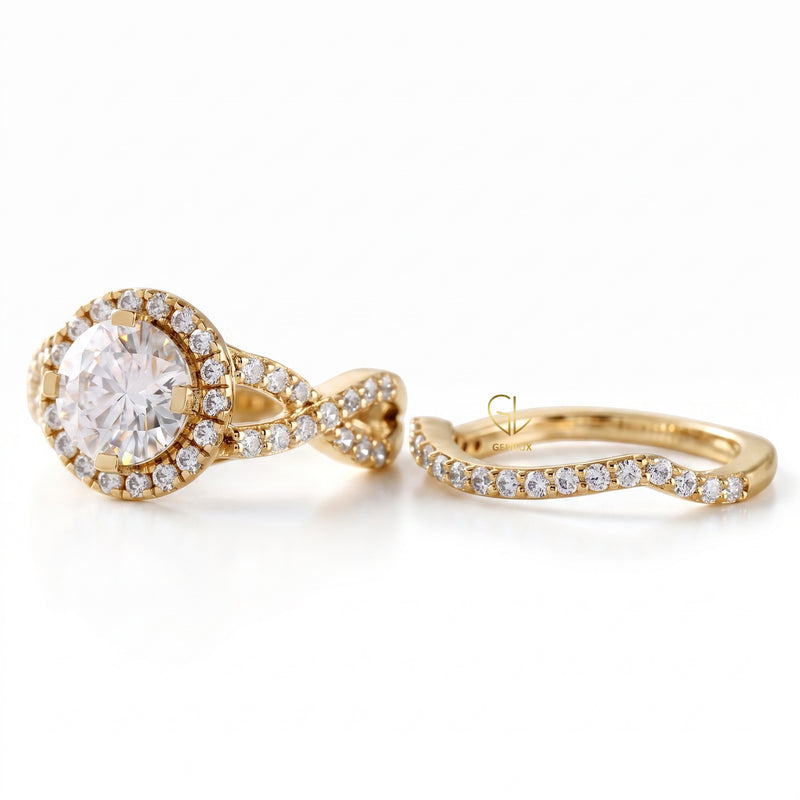 Round Cut Moissanite Twisted Ring With Curved Matching Bridal Ring Set