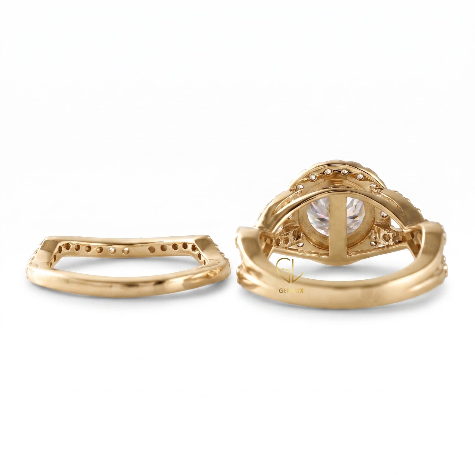 Round Cut Moissanite Twisted Ring With Curved Matching Bridal Ring Set