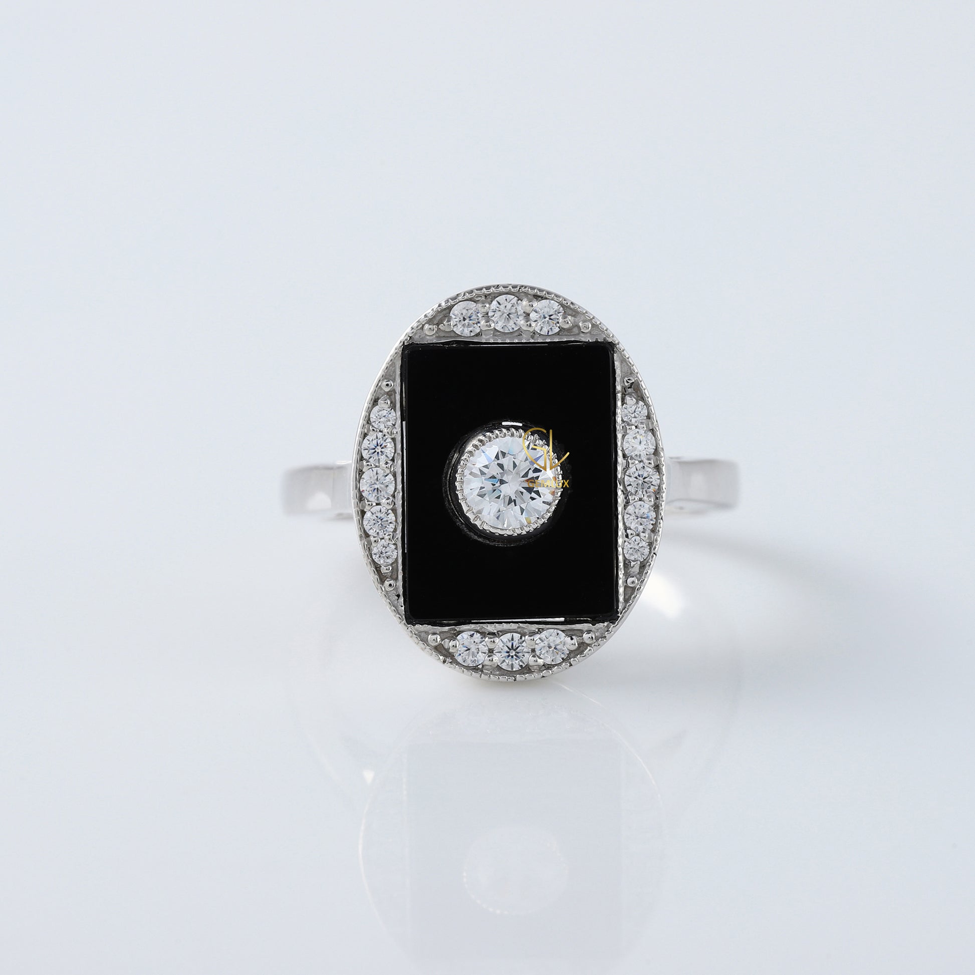 Round Cut Moisssanite Black Enamel Art Deco Engagement Ring