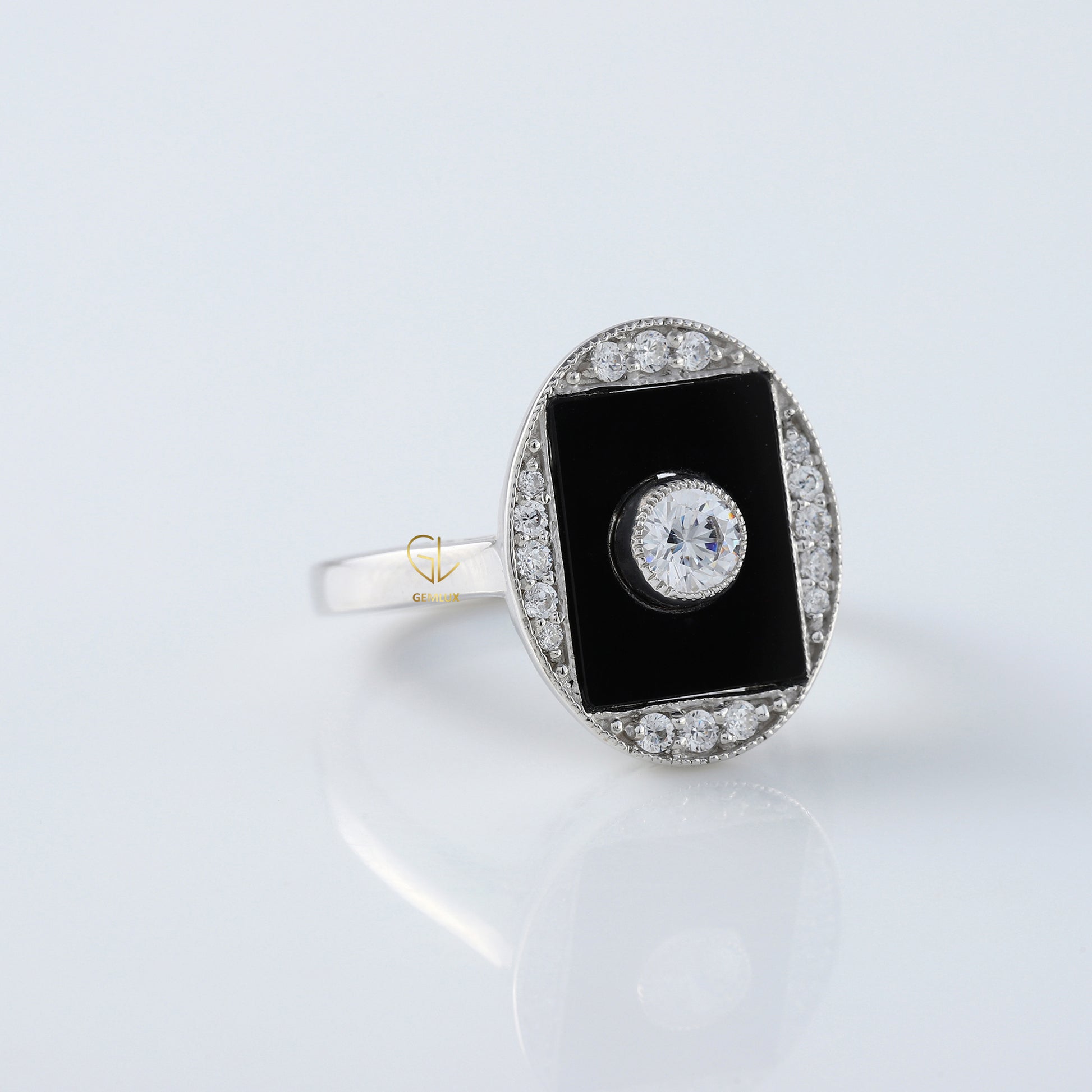 Round Cut Moisssanite Black Enamel Art Deco Engagement Ring