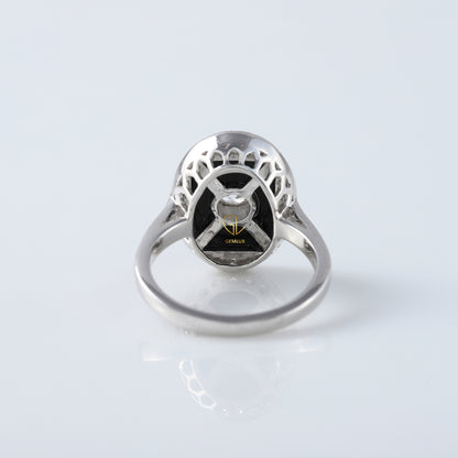 Round Cut Moisssanite Black Enamel Art Deco Engagement Ring