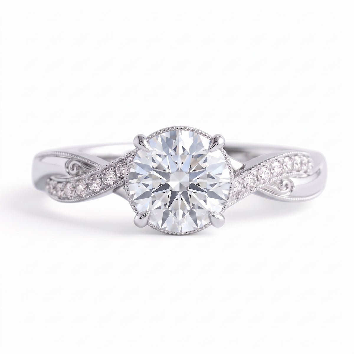 Round lab grown diamond engagement ring with twisted pavé and milgrain band