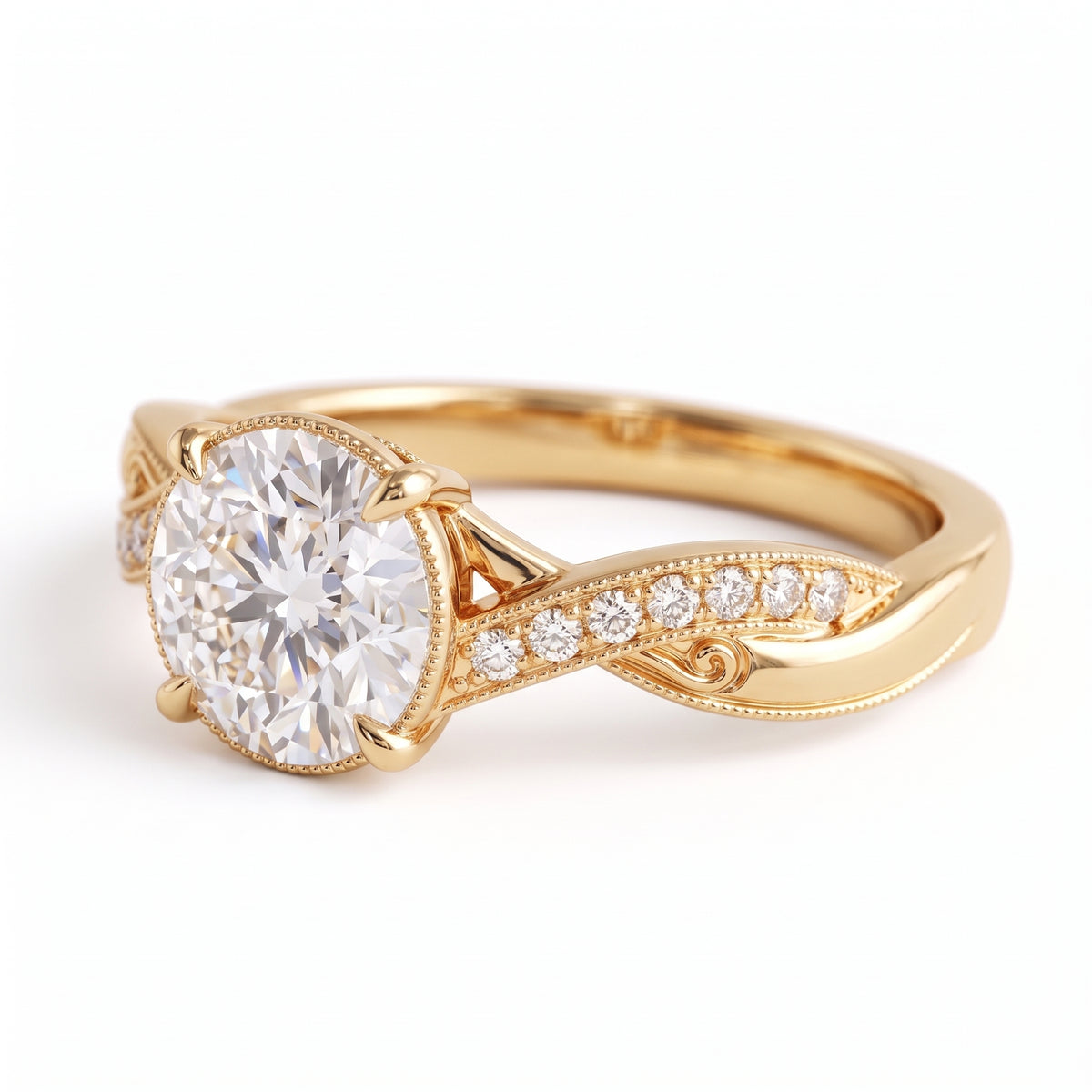 Round lab grown diamond engagement ring with twisted pavé and milgrain band