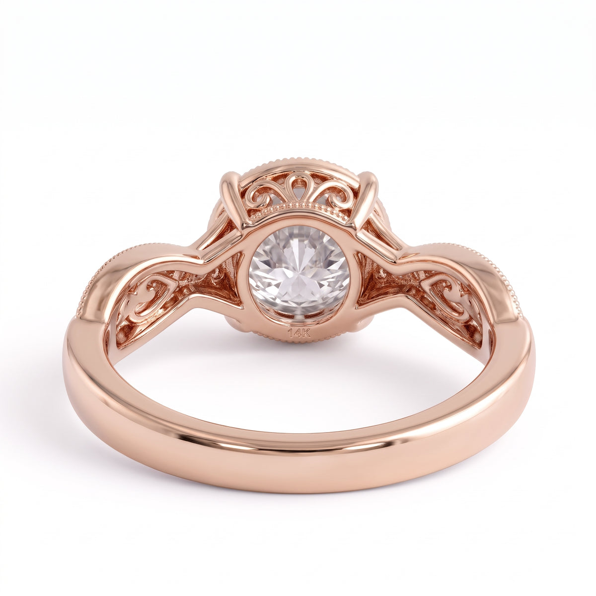 Round lab grown diamond engagement ring with twisted pavé and milgrain band