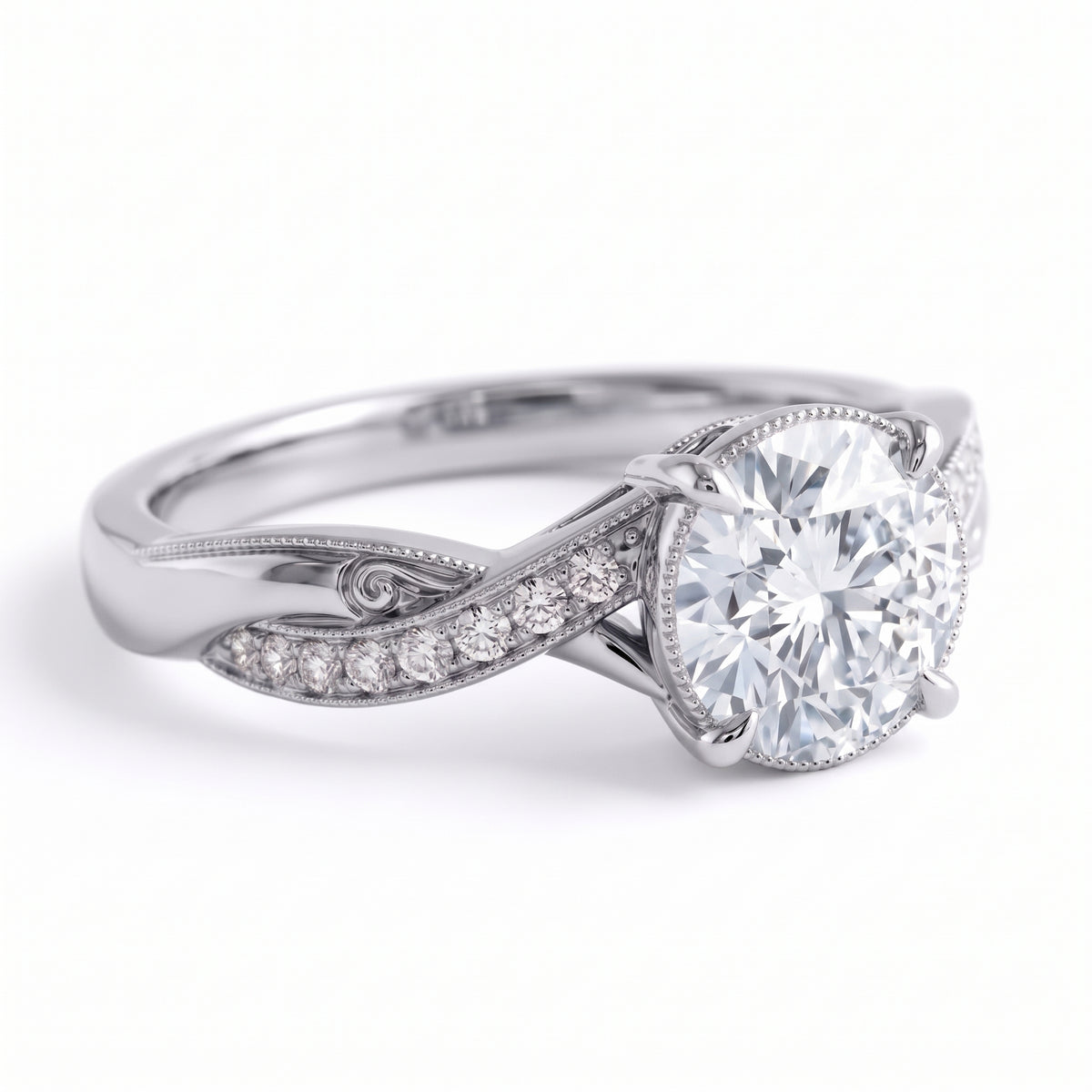 Round lab grown diamond engagement ring with twisted pavé and milgrain band