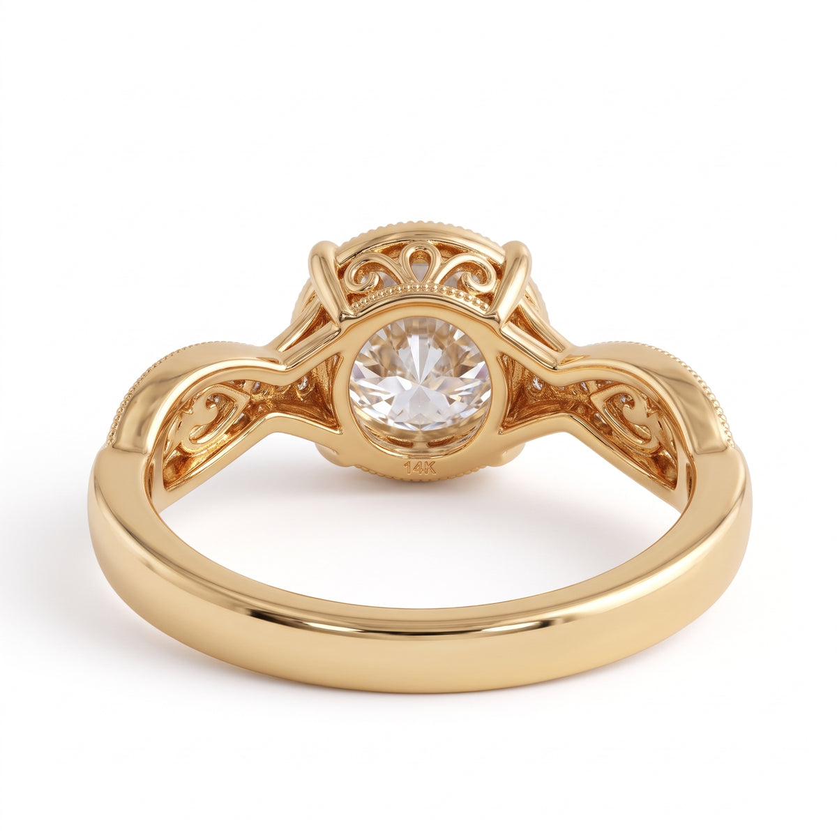 Round lab grown diamond engagement ring with twisted pavé and milgrain band