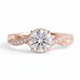 Round lab grown diamond engagement ring with twisted pavé and milgrain band