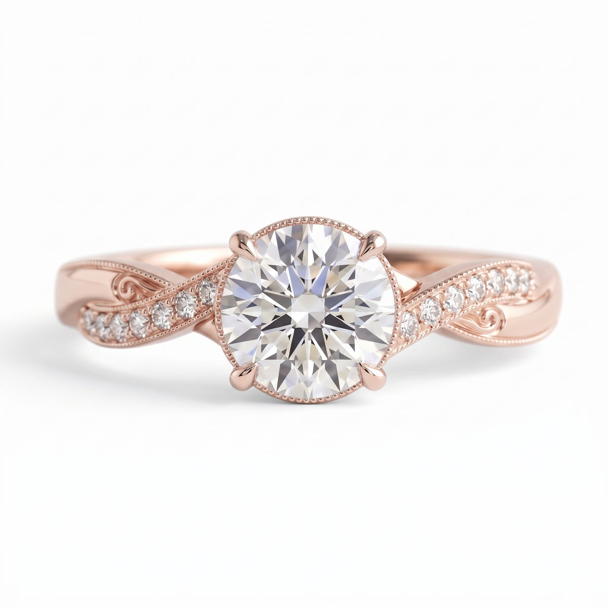 Round lab grown diamond engagement ring with twisted pavé and milgrain band