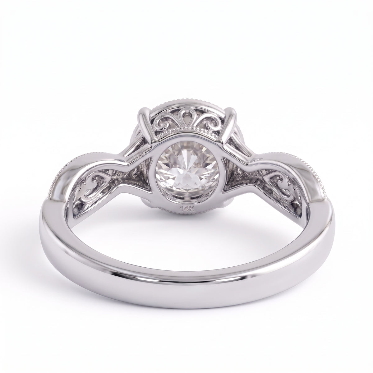 Round lab grown diamond engagement ring with twisted pavé and milgrain band