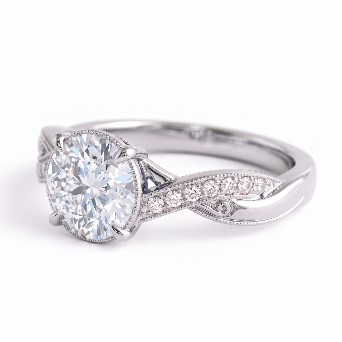 Round lab grown diamond engagement ring with twisted pavé and milgrain band