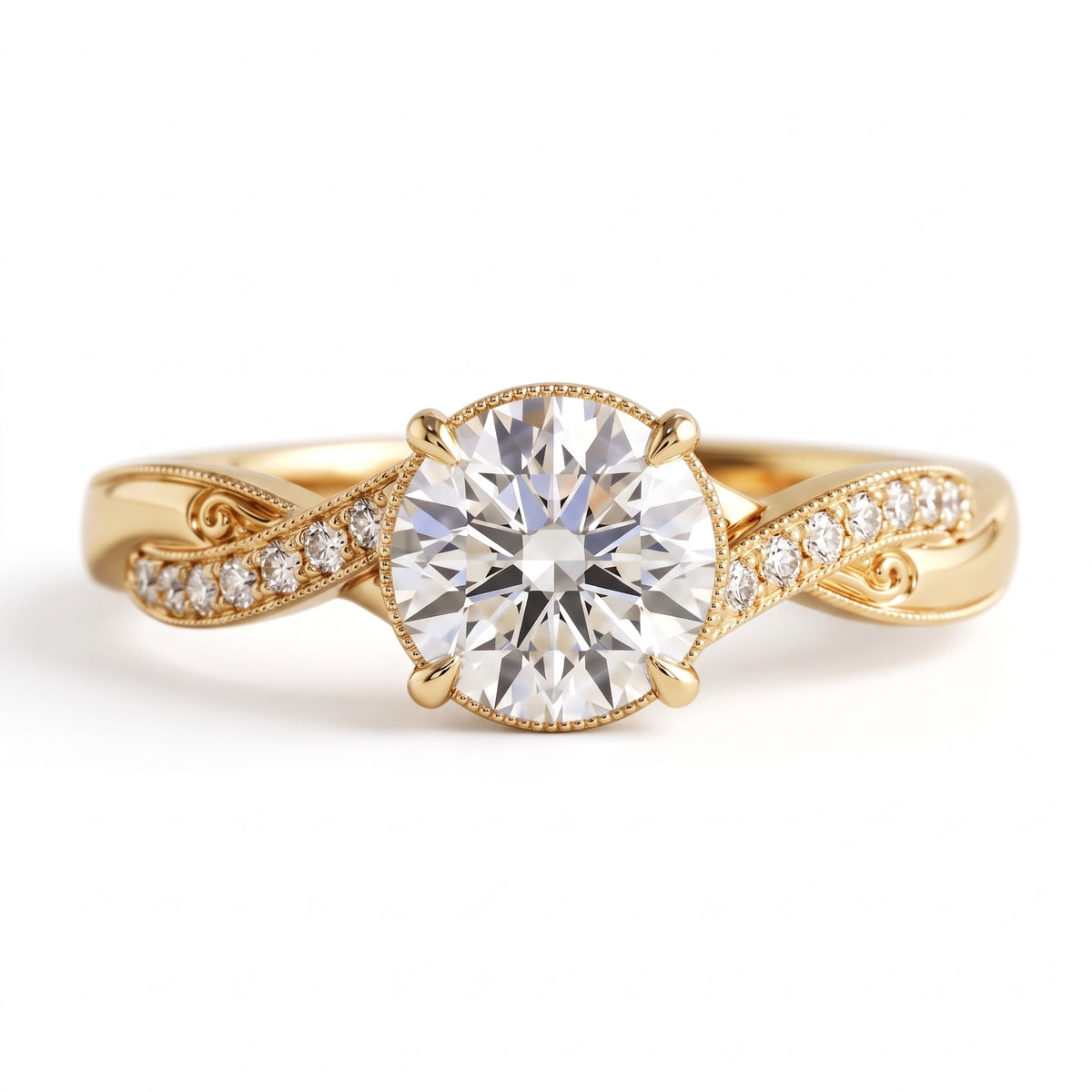 Round lab grown diamond engagement ring with twisted pavé and milgrain band