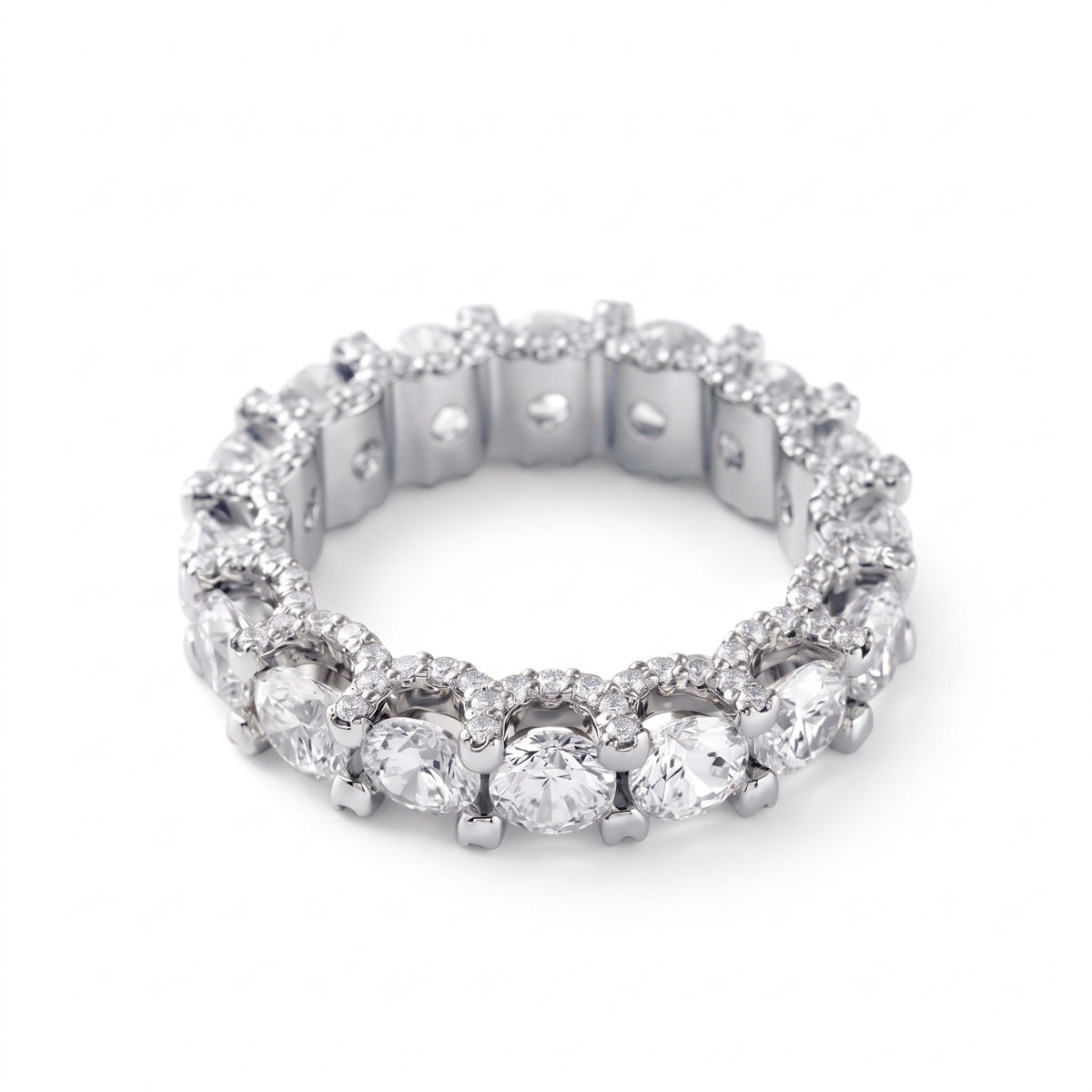 Round cut moissanite full eternity wedding band in white gold with prong set stones