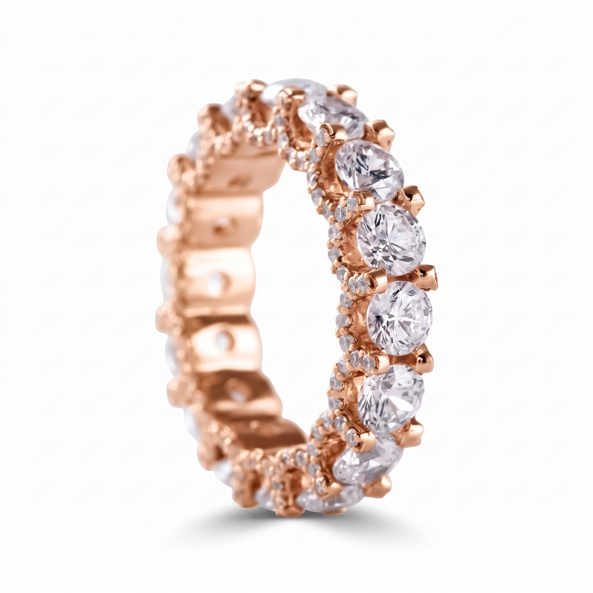Round cut moissanite full eternity wedding band in white gold with prong set stones