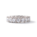 Round cut moissanite full eternity wedding band in white gold with prong set stones