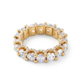 Round cut moissanite full eternity wedding band in white gold with prong set stones