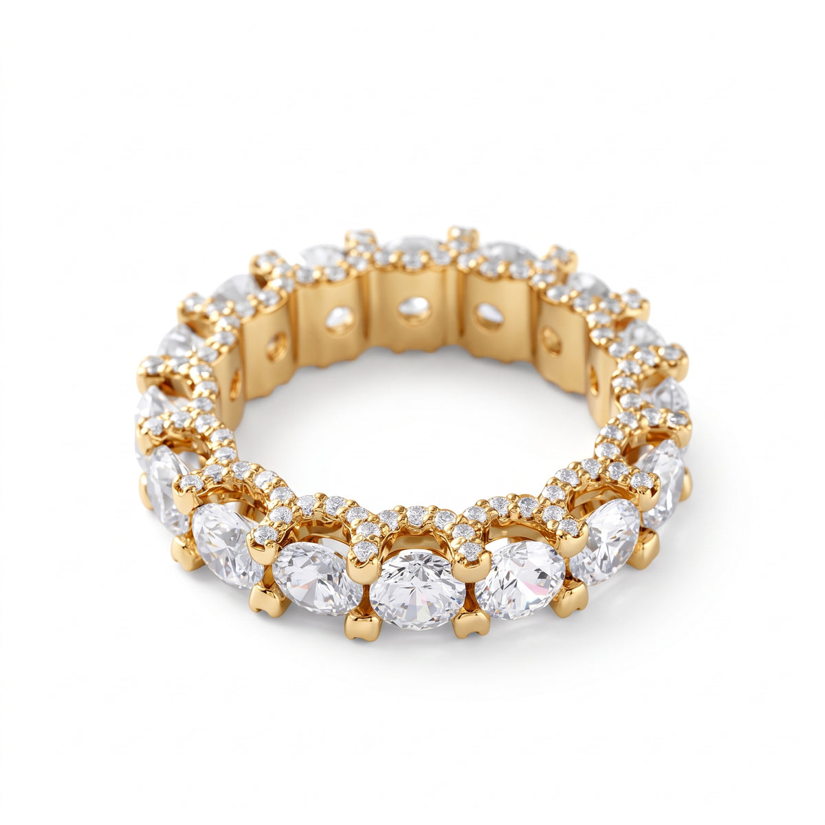 Round cut moissanite full eternity wedding band in white gold with prong set stones