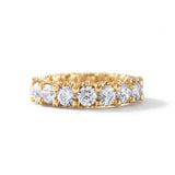 Round cut moissanite full eternity wedding band in white gold with prong set stones