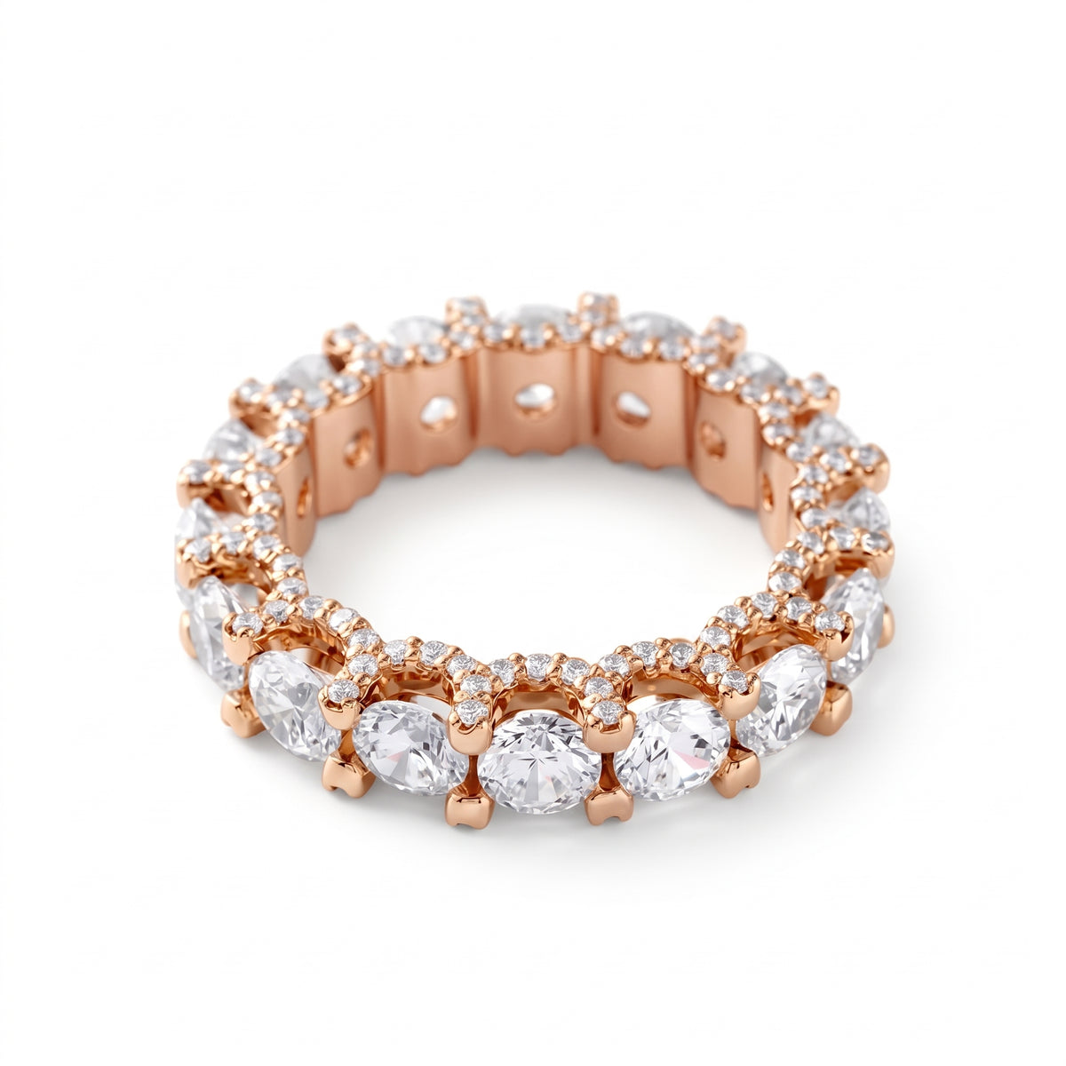 Round cut moissanite full eternity wedding band in white gold with prong set stones
