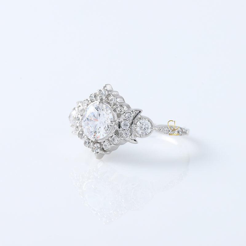 Round Moissanite Vintage Style Halo Ring - Edwardian Ring