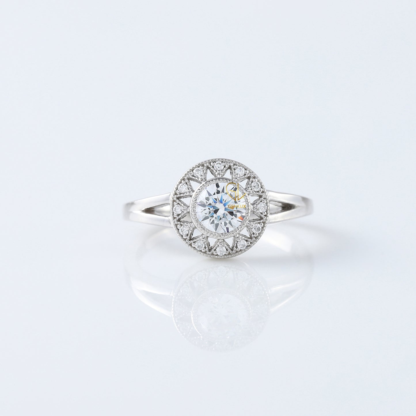 Round Cut Lab Grown Art Deco Split Shank Halo Engagement Ring