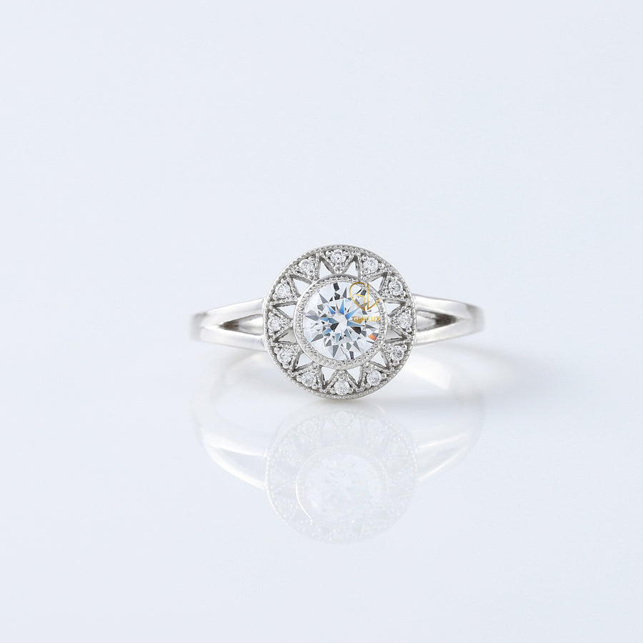 Round Cut Lab Grown Art Deco Split Shank Halo Engagement Ring