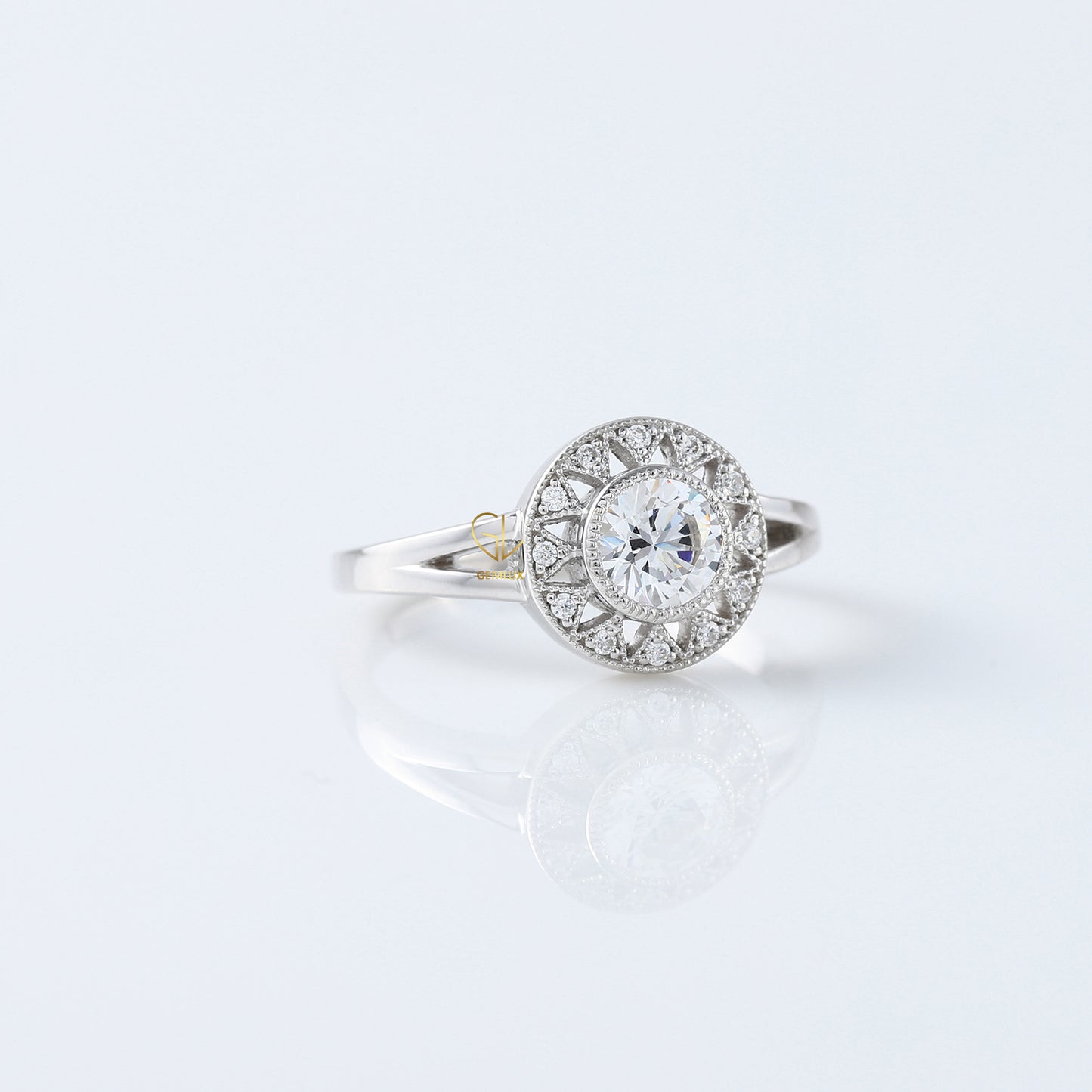 Round Cut Lab Grown Art Deco Split Shank Halo Engagement Ring