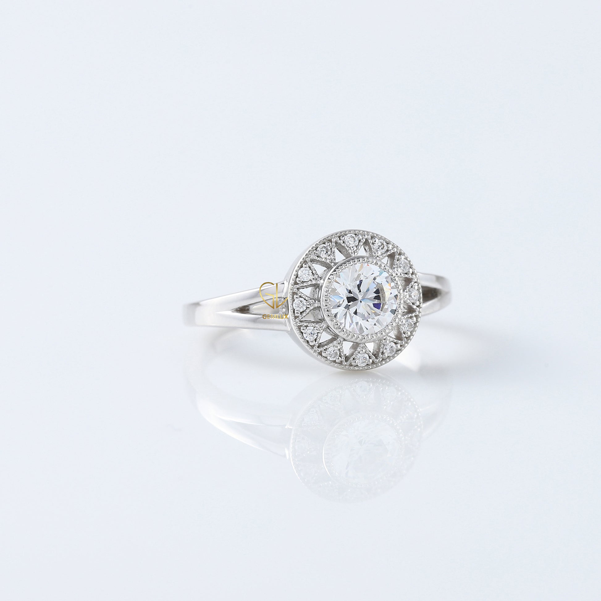 Round Cut Lab Grown Art Deco Split Shank Halo Engagement Ring