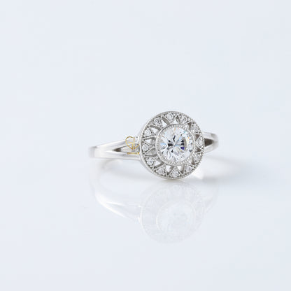 Round Cut Lab Grown Art Deco Split Shank Halo Engagement Ring