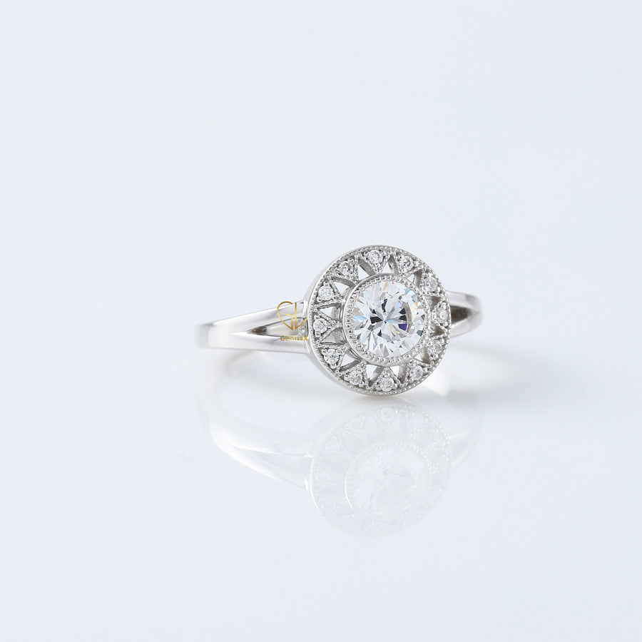 Round Cut Lab Grown Art Deco Split Shank Halo Engagement Ring