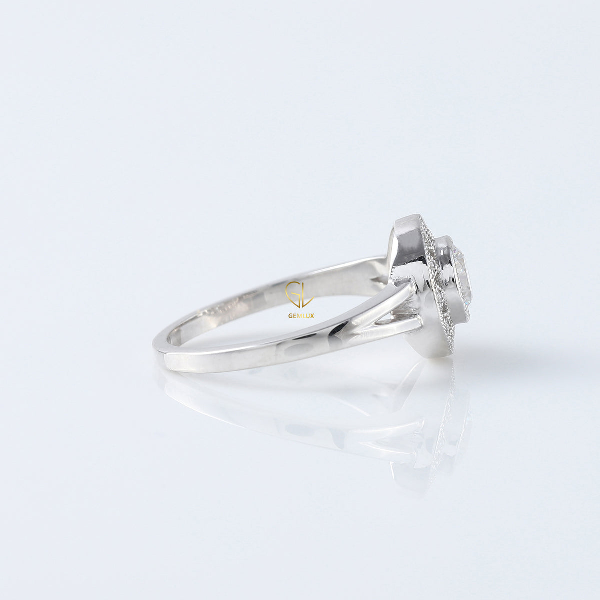 Round Cut Lab Grown Art Deco Split Shank Halo Engagement Ring