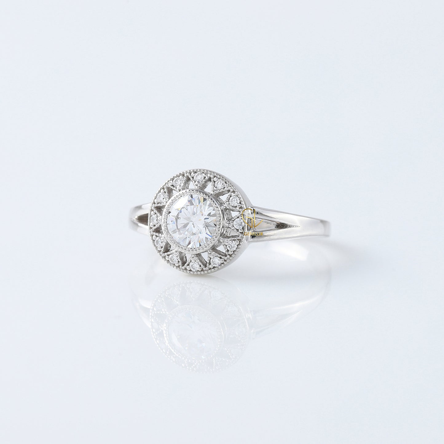 Round Cut Lab Grown Art Deco Split Shank Halo Engagement Ring