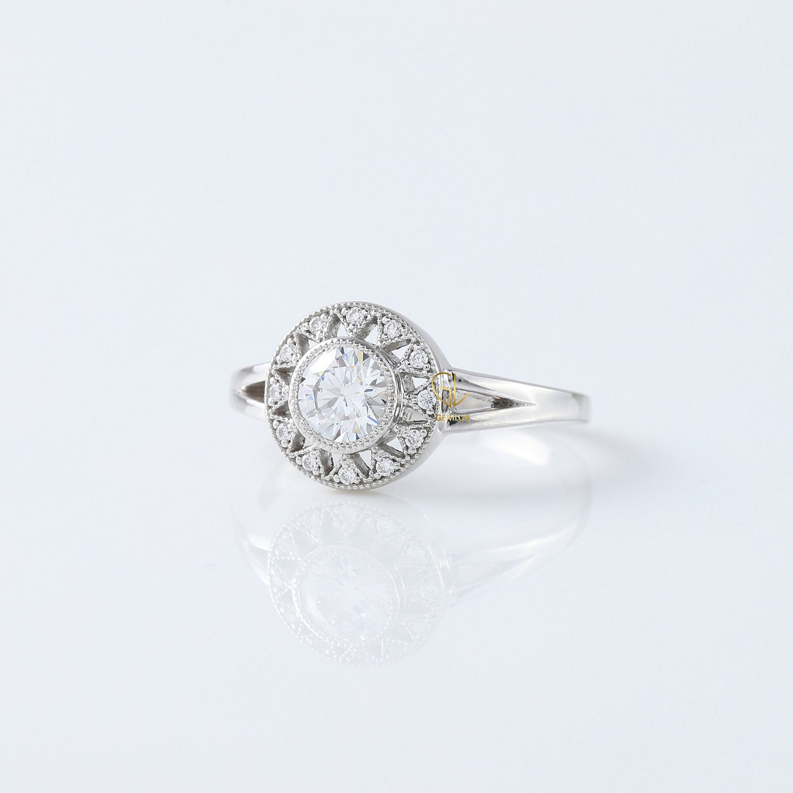Round Cut Lab Grown Art Deco Split Shank Halo Engagement Ring