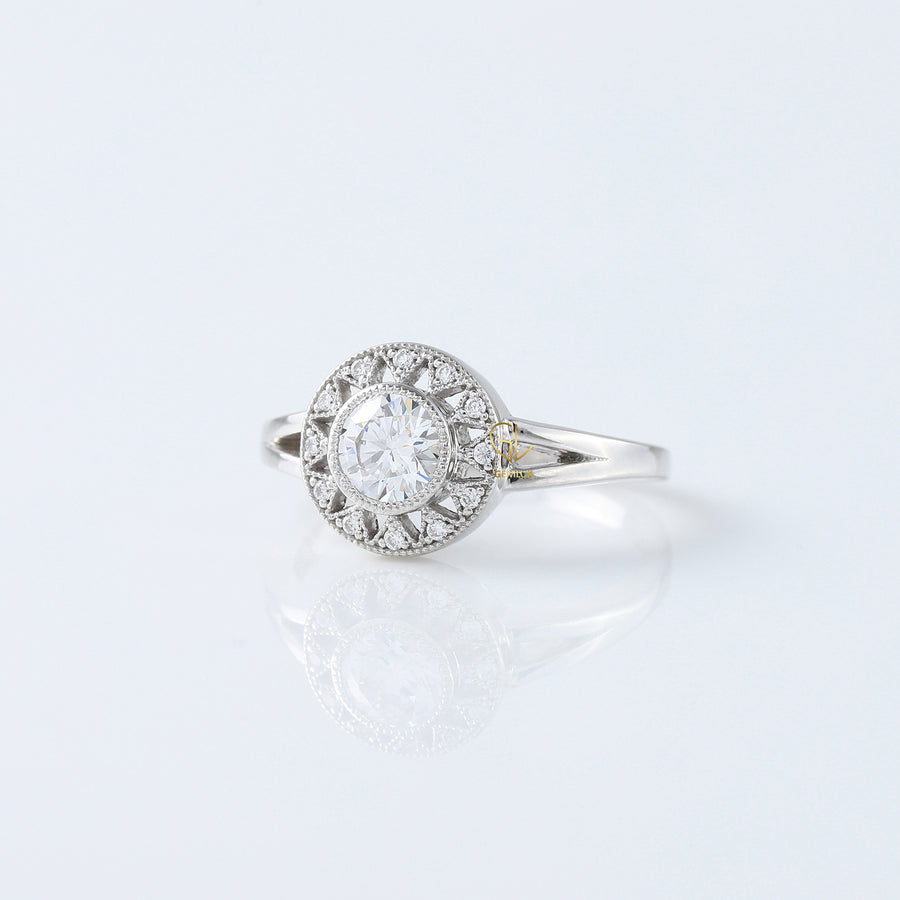 Round Cut Lab Grown Art Deco Split Shank Halo Engagement Ring