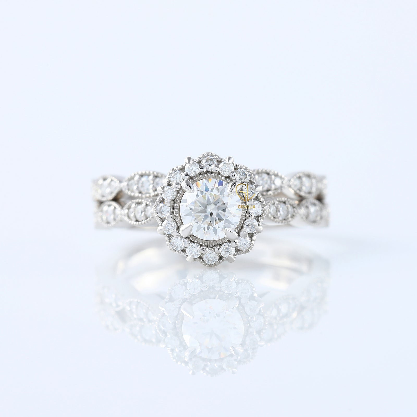Round Cut Lab Grown Diamond Vintage Art Deco Ring Set