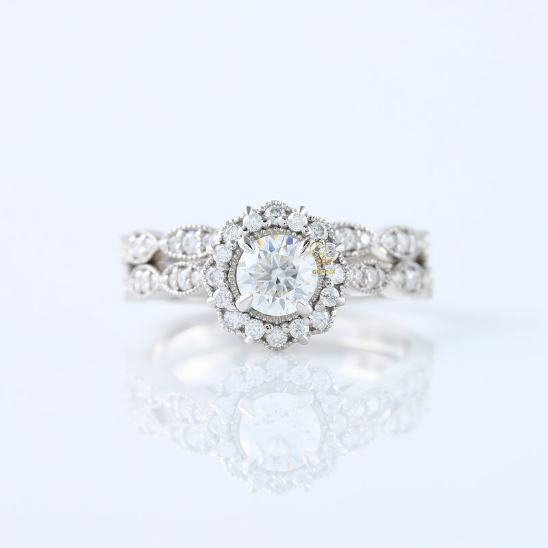 Round Cut Lab Grown Diamond Vintage Art Deco Ring Set