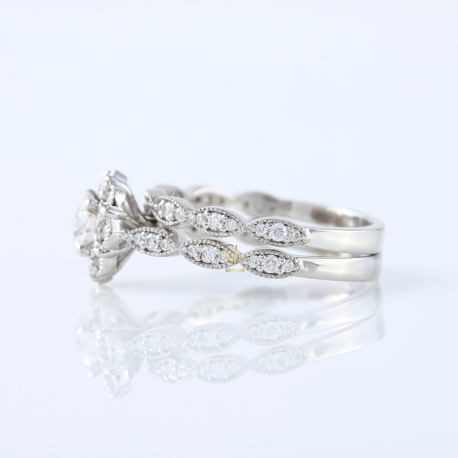 Round Cut Lab Grown Diamond Vintage Art Deco Ring Set