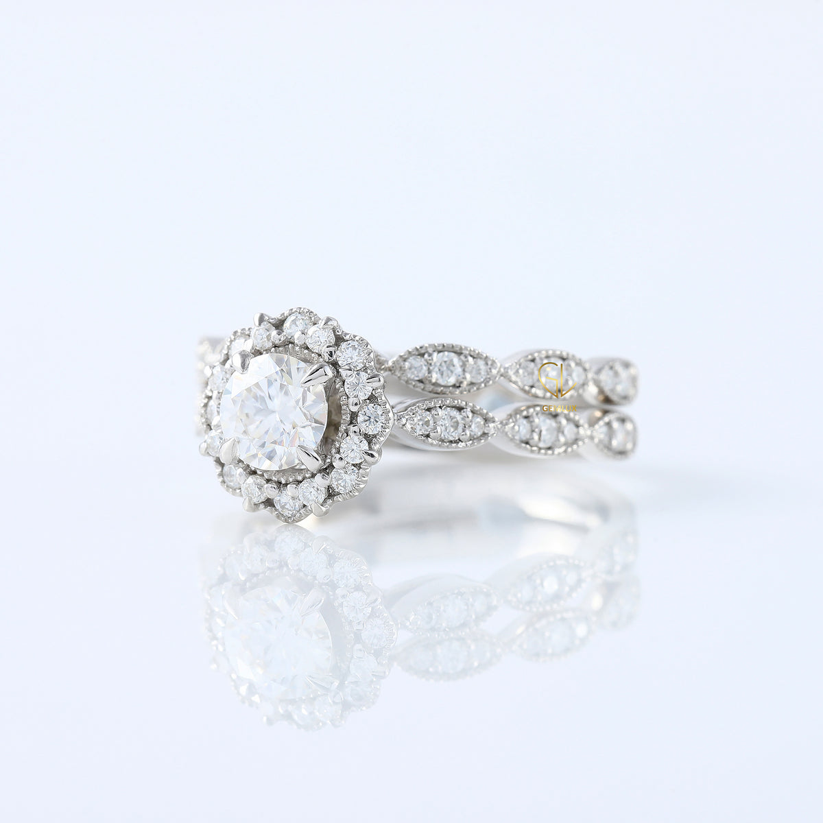 Round Cut Lab Grown Diamond Vintage Art Deco Ring Set