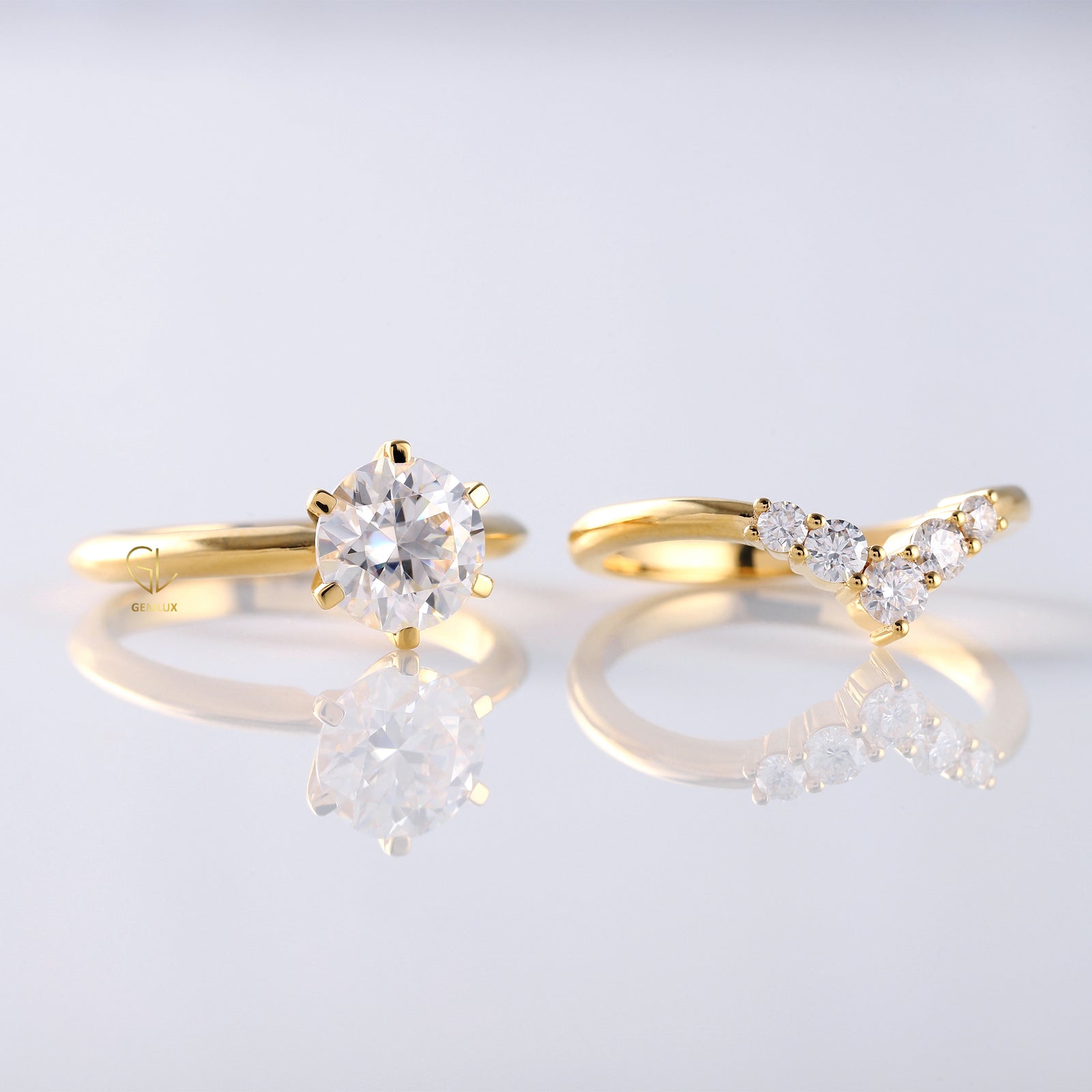 Round Cut Lab Grown Solitaire Engagement Ring With Matching Curved Ring Set