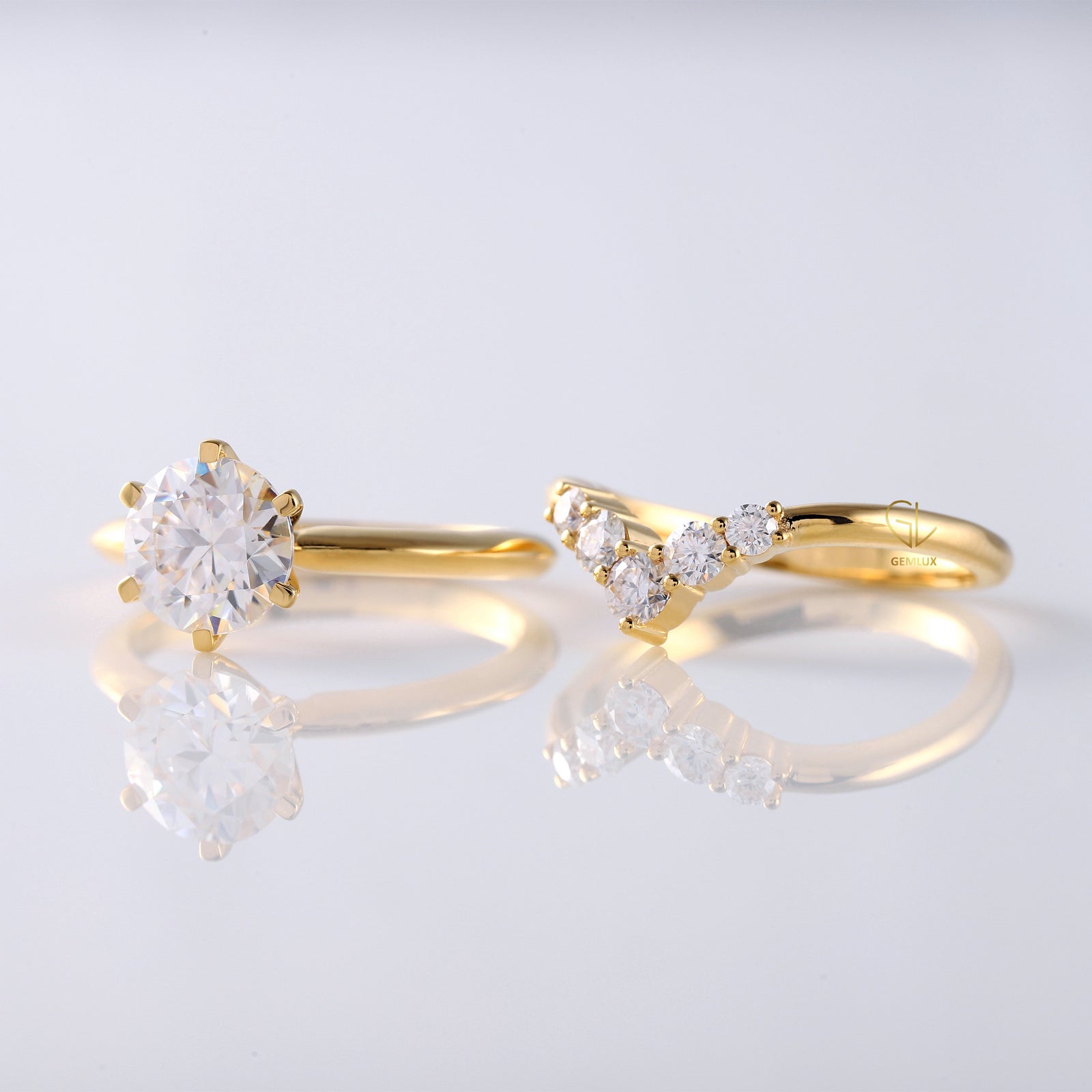 Round Cut Lab Grown Solitaire Engagement Ring With Matching Curved Ring Set