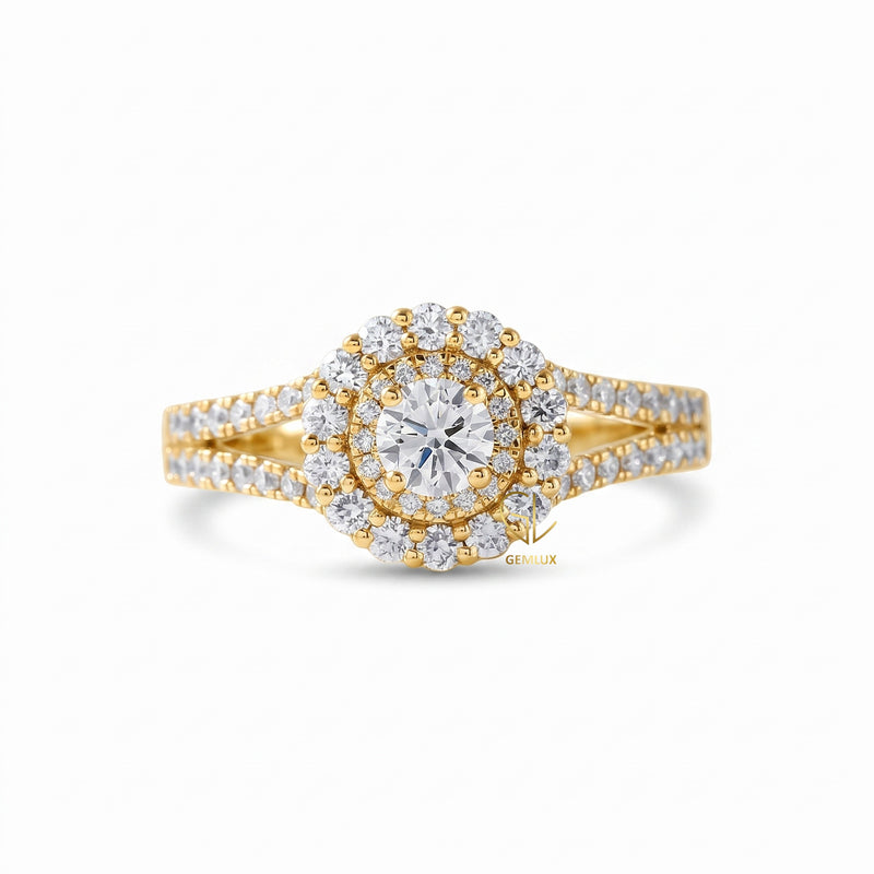 Round Cut Moissanite Split Shank Double Halo Engagement Ring