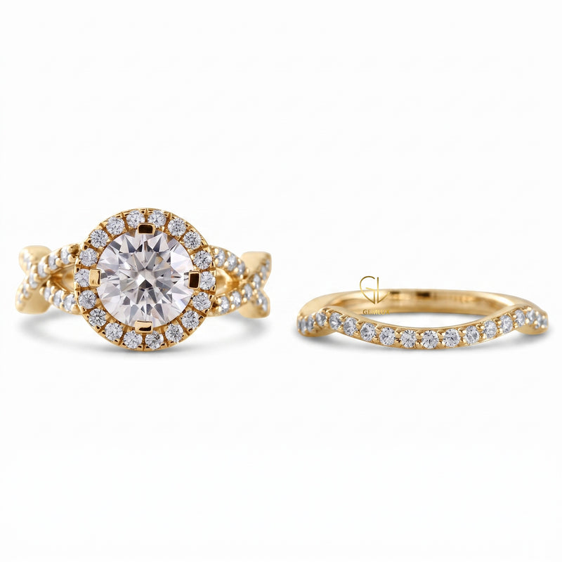 Round Cut Moissanite Twisted Ring With Curved Matching Bridal Ring Set