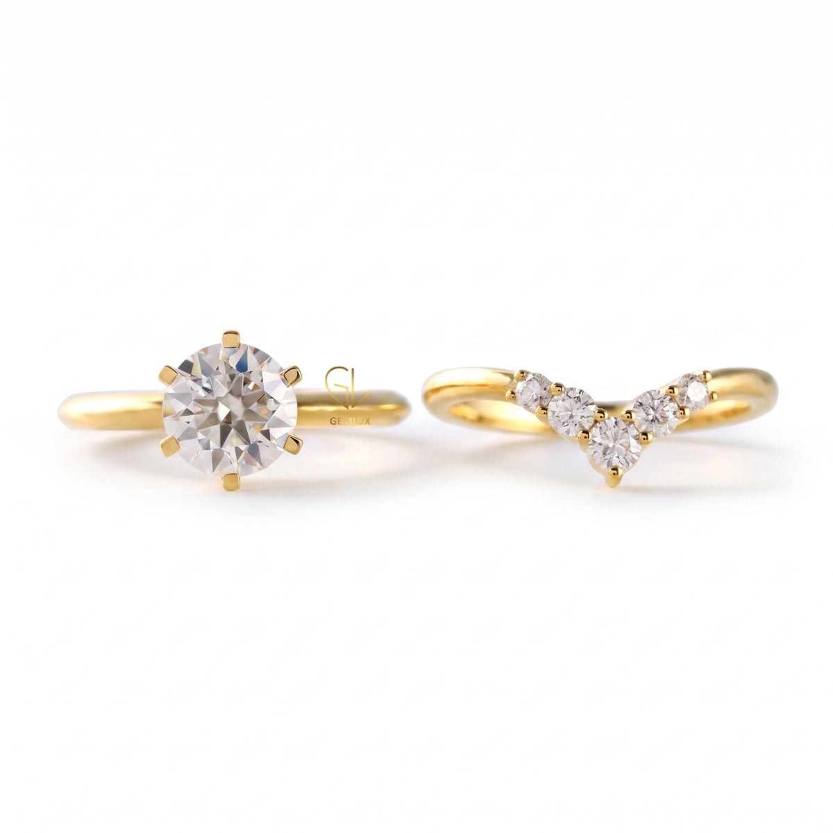 Round Cut Lab Grown Solitaire Engagement Ring With Matching Curved Ring Set