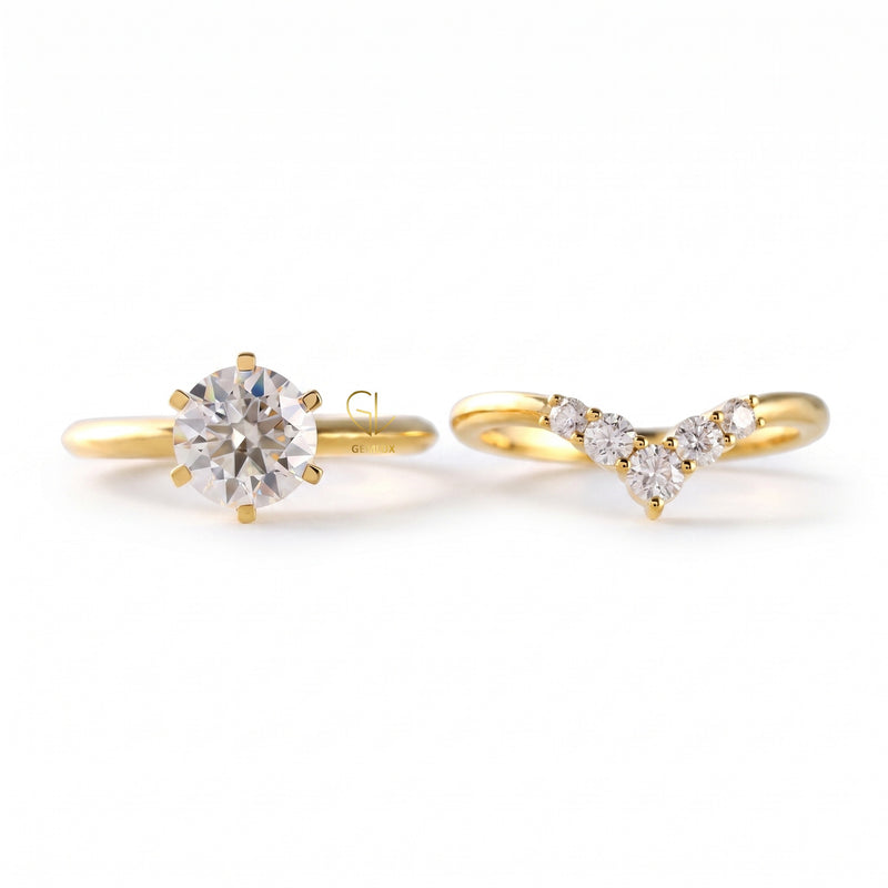 Round Cut Lab Grown Solitaire Engagement Ring With Matching Curved Ring Set