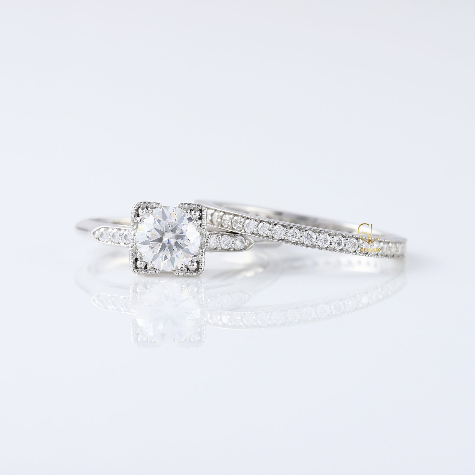 Round Moissanite Art Deco Milgrain Bridal Ring Set