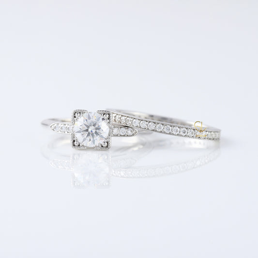 Round Moissanite Art Deco Milgrain Bridal Ring Set