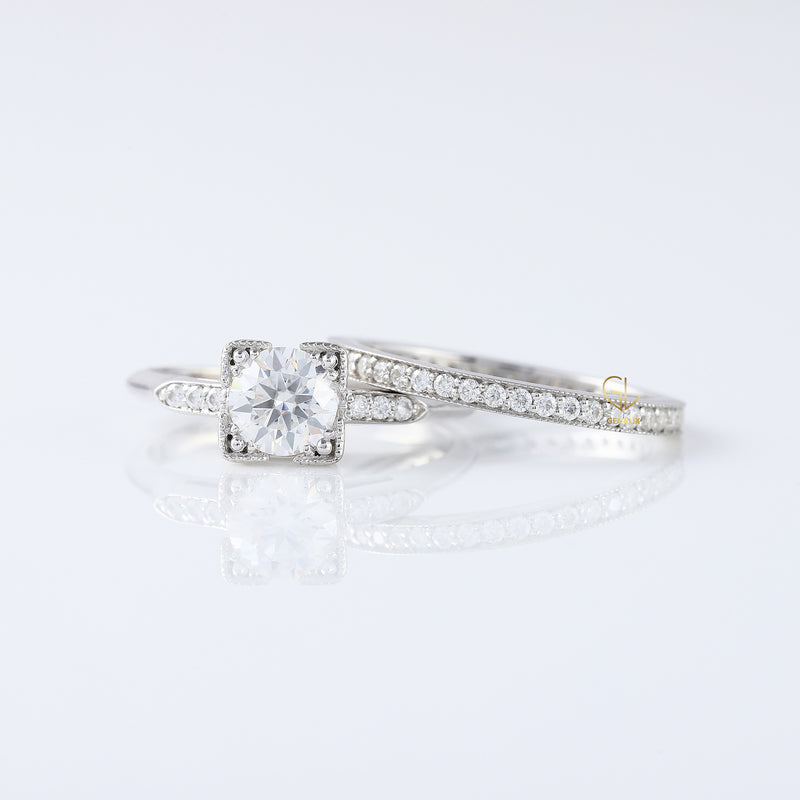 Round Moissanite Art Deco Milgrain Bridal Ring Set